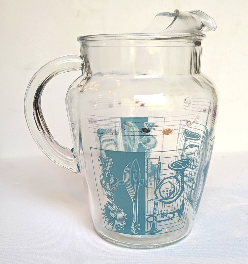 RARE Vintage MCM Glass Pitcher w/ Aqua & Gold Musical Instruments & Notes